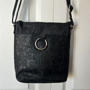 Bueno Vintage Tooled Black Leather Crossbody Bag Vintage Purse Boho Western